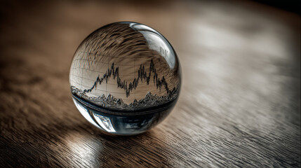 Glass Paperweight Magnifying a Stock Market Graph on Wooden Table