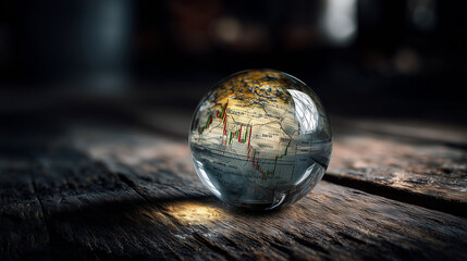 Glass Paperweight Magnifying a Stock Market Graph on Wooden Table