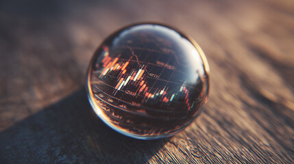 Glass Paperweight Magnifying a Stock Market Graph on Wooden Table