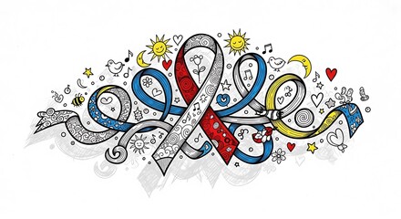 Fototapeta premium Colorful Awareness Ribbon Doodle Design.