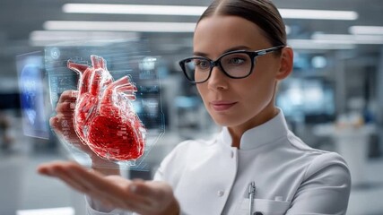 Medical professional at work: A medical expert, immersed in her domain, engages with a holographic projection of the human heart, symbolizing innovation, research, and the future of healthcare. - Powered by Adobe