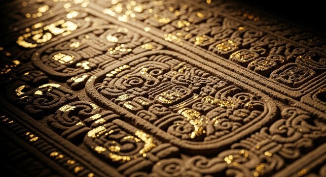 Closeup of intricate mayan carvings with golden accents, showcasing the rich history and artistry of the ancient civilization