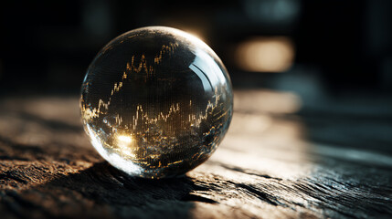 Glass Paperweight Magnifying a Stock Market Graph on Wooden Table