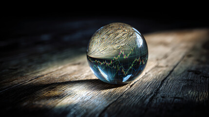 Glass Paperweight Magnifying a Stock Market Graph on Wooden Table