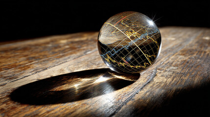 Glass Paperweight Magnifying a Stock Market Graph on Wooden Table