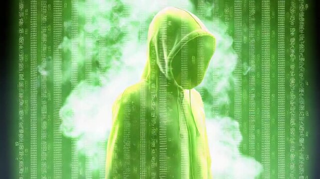 Digital Enigma: An enigmatic figure, cloaked in a vibrant green hoodie, is shrouded within a dynamic matrix of binary code, symbolizing the intangible nature of the digital world.