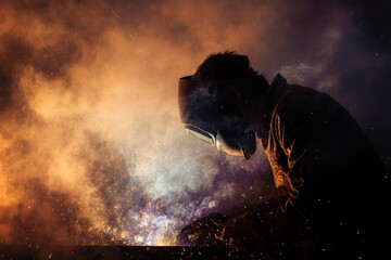 Welder Working in Dark Environment with Sparks and Smoke Creating Dramatic Industrial Atmosphere at Night