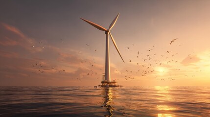 Wind Turbine at Sunset Over Calm Ocean Water with Birds Silhouetted in the Sky and Soft Clouds in the Background