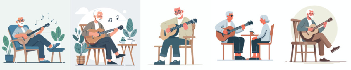 Fototapeta premium vector grandfather sitting on chair with guitar