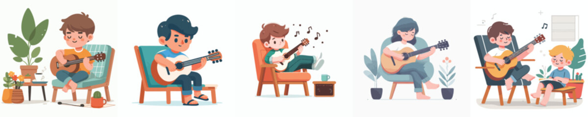 vector children sitting on chair with guitar