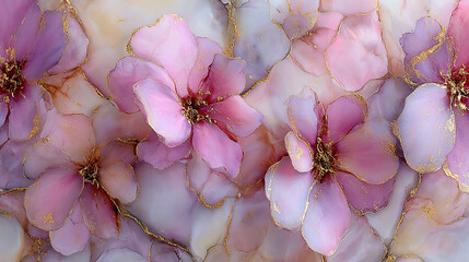 Luxurious pink floral blooms with gold details in watercolor