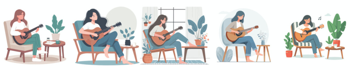 Fototapeta premium vector woman sitting on chair with guitar