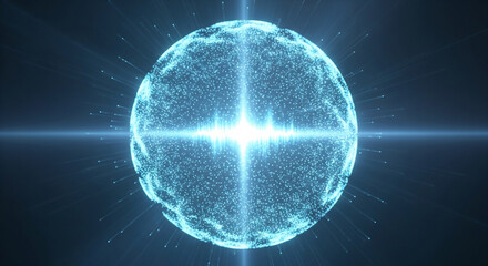 A glowing blue sphere of digital particles with a bright central flare, a perfect abstract for representing global networks, energy, or scientific concepts