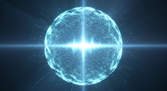 A glowing blue sphere of digital particles with a bright central flare, a perfect abstract for representing global networks, energy, or scientific concepts - Powered by Adobe