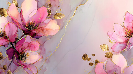 Luxurious pink watercolor flowers bloom with golden accents.