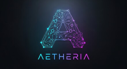 Geometric Aetheria Logo with Cyan to Magenta Gradient on Dark Background
