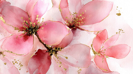 Pink watercolor blooms with gold accents create soft beauty
