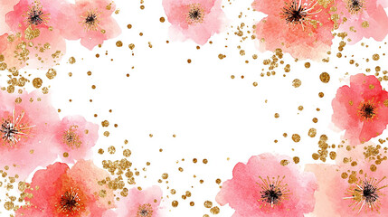 Pastel pink flowers with golden sparkles frame blank space