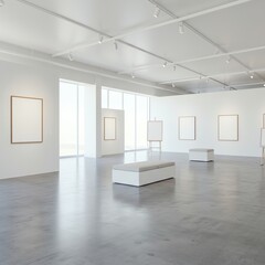 Empty art gallery with white walls and concrete floor