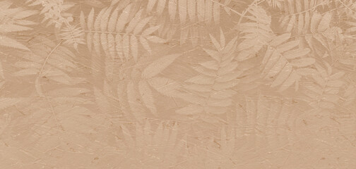 A natural fossil leaf texture with detailed fern-like impressions preserved in stone, forming an organic abstract background.