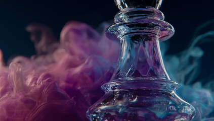 Close up of a clear glass chess piece with colorful smoke swirling around it