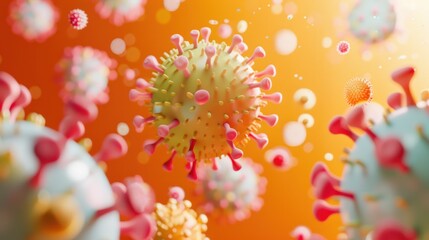 Microscopic Virus Particles with Pink and Yellow Details in Bright Orange Background