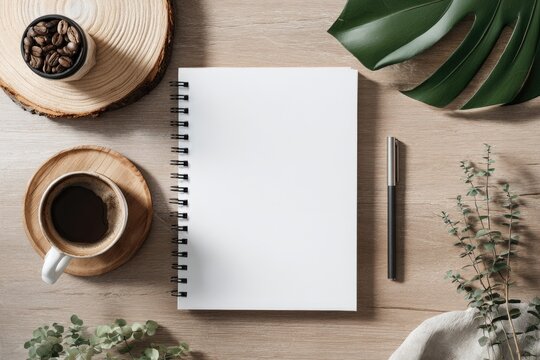 Flat lay of a blank notebook, coffee, and natural elements