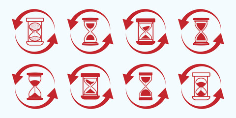 set of sand clock illustrations with varying frames and sand amounts. Hourglass shapes in multiple variations. Vector icon set of hourglasses with falling sand. Flat vector graphic design elements. 