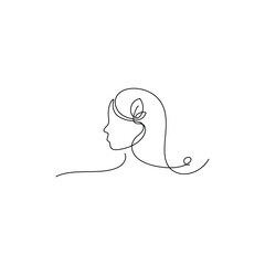 Minimalist Line Art Depicting a Woman's Profile with Flowing Hair and a Delicate Floral Detail Adding a Touch of Elegance