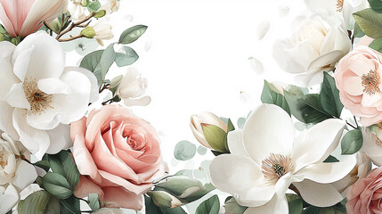 Pastel floral border showcases roses and magnolia blossoms