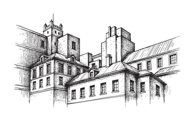 Fototapeta premium architectural landscape building engraving vector style