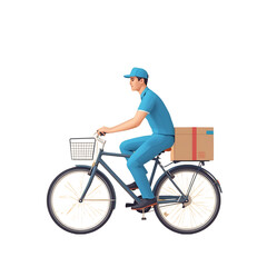 Naklejka premium Side view of a delivery person in a blue uniform riding a bicycle with a cardboard box. Concept for eco-friendly urban shipping and courier services