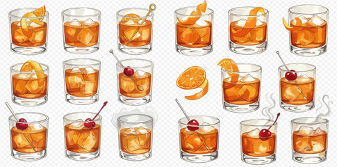A collection of watercolor illustrations depicting various classic Old Fashioned cocktails with ice, orange peels, and cherry garnishes.