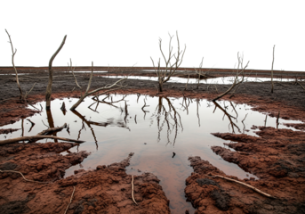 Barren Landscape with Cracked Soil, Leafless Trees, and Shallow Water Pools