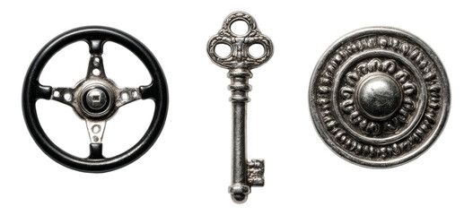 Unique Artistic Collection of Vintage Keys and Steering Wheel
