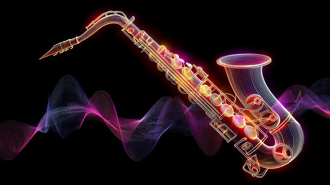 Neon saxophone radiates music with gradient abstract waves