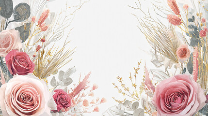 Minimalist pastel design with pink roses and golden branches