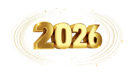 Golden “2026” with Sparkles and Swirls on White Background for New Year Celebration