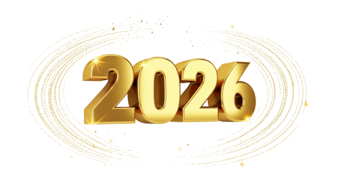 Golden “2026” with Sparkles and Swirls on White Background for New Year Celebration