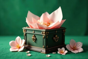 Elegant Green Trinket Box with Delicate Pink Floral Accents and Confectionery Inside