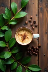 Aromatic Coffee Beverage with Heart-Shaped Cinnamon Design Surrounded by Lush Greenery on Rustic Wooden Surface