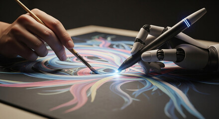 Designer drawing a vibrant glowing line on a digital drawing tablet
