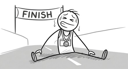 Exhausted Winner: Stick Figure Athlete Collapses at Finish Line, Medal-Winning Exhaustion