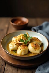 Delicious Dumplings in Savory Sauce with Crispy Fried Onions and Fresh Herbs