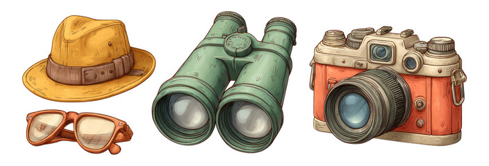 Vintage Adventure Gear: Hat, Binoculars, Camera, Glasses