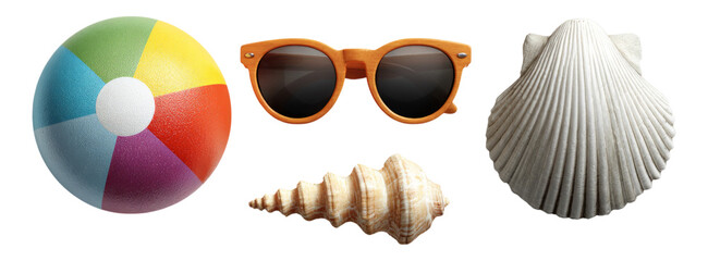 Colorful Beach Ball and Sunglasses with Seashell Isolated