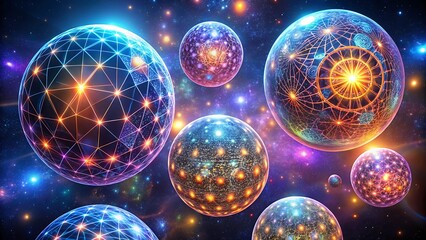 Cosmic nexus futuristic glowing orbs in deep space nebula hypnotic visuals