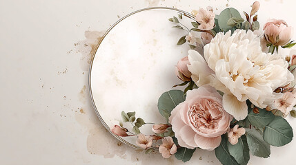 Pastel peonies and blush roses frame a golden circle design