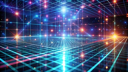 Abstract futuristic holographic grid with glowing particles and light trails digital art