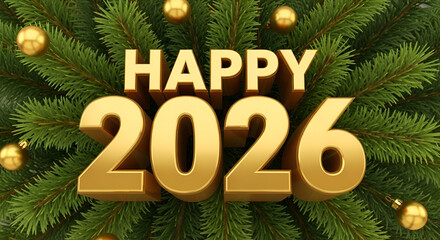Happy 2026 golden sign on christmas tree branches wishing a happy new year